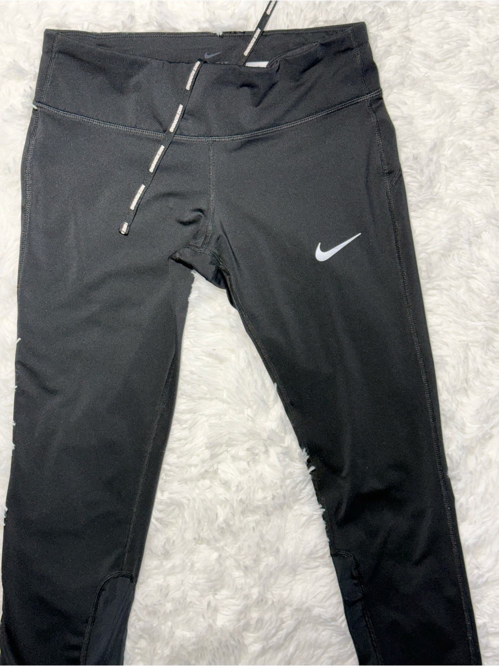 Nike Black Cropped Drawstring Leggings with White Swoosh Size S - Picture 3 of 8